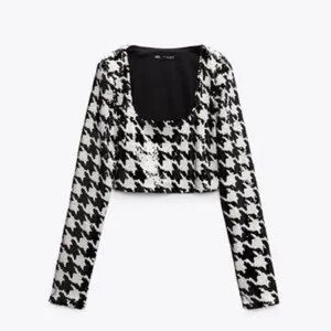 ZARA Sequins Black and White Houndstooth Long Sleeve Crop Top, size S, NWT